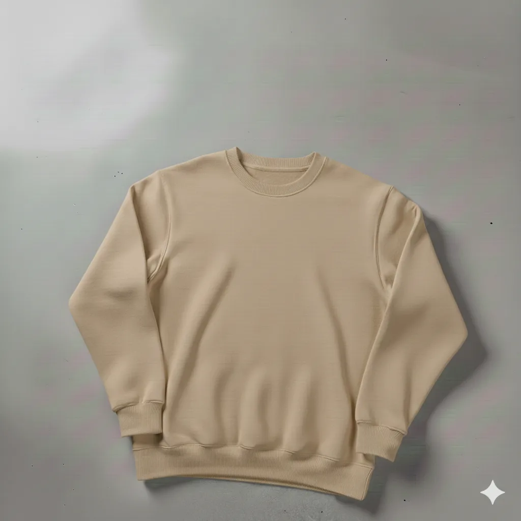 Bej Bisiklet Yaka Oversize %100 Pamuk Sweat