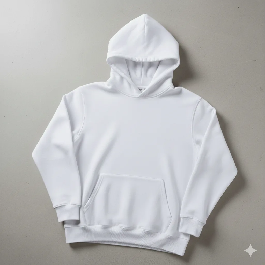 Beyaz Kapşonlu Kanguru Cep Oversize %100 Pamuk Sweat