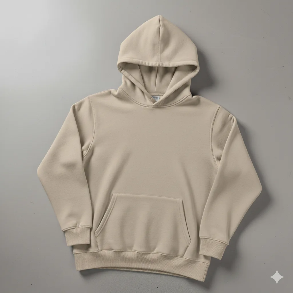 Bej  Kapşonlu Kanguru Cep Oversize %100 Pamuk Sweat